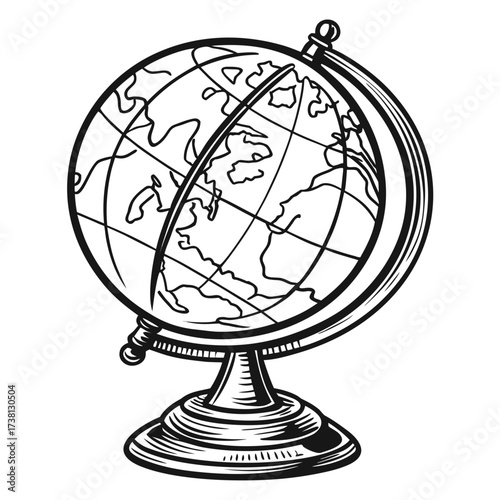 Vintage globe in black and white drawing