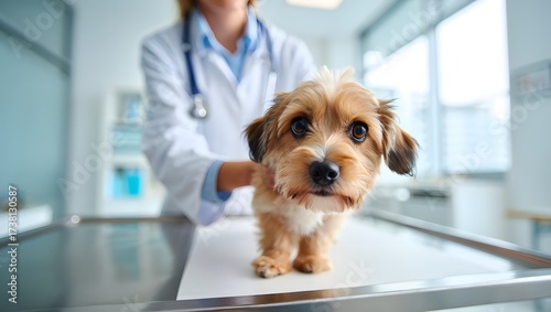 photograph of a veterinarian in a bright modern veterinary clinic, gently examining a cute pet (cat and dog) on a checkup table.