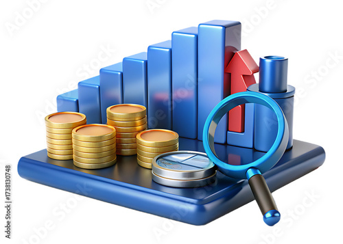 Financial growth analysis with magnifying glass isolated on transparent background