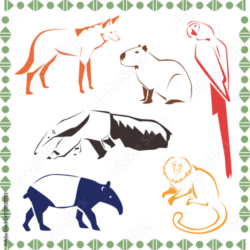 Set of brazilian fauna animal icons. Maned wolf, capybara, macaw, golden lion tamarin, anteater, tapir. Silhouettes of Brazilian animals