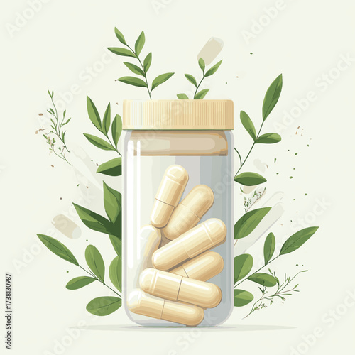 Close-up view of eco-friendly capsules containing natural medicine, placed on compostable packaging with organic elements in the background , vector style simple color