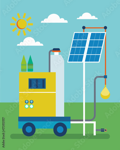 A solarpowered water purification machine being deployed in disasterstricken areas to provide safe drinking water in emergency situations.. Vector illustration