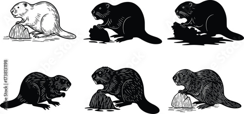 Beaver animal silhouettes and illustrations in multiple artistic styles, wildlife vector set with logs and sticks for nature, forest, design, art