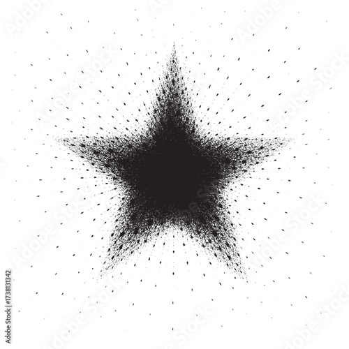 Creative abstract star illustration with scattered black particles bursting outward on white background, ideal for modern designs, posters, and digital projects