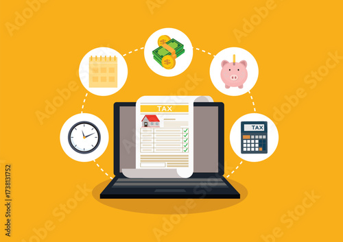 Concept tax payment. Data analysis, paperwork, financial research report and calculation of tax return. Payment of debt
