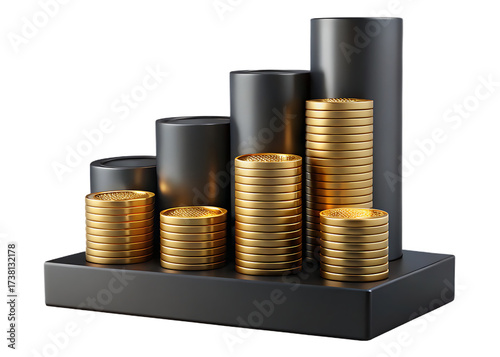 Financial growth chart with stacks of coins and cylinders isolated on transparent background