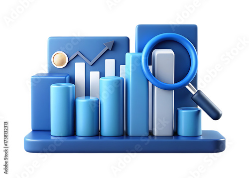 Blue bar graph with magnifying glass isolated on transparent background