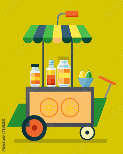 A street vendors cart topped with large solar panels proudly advertising freshly squeezed juices and smoothies made with the power of the sun.. Vector illustration
