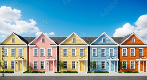 Row of Colorful Suburban Houses Against a Clear Blue Sky