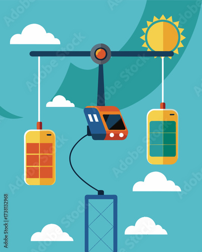 A zip line with handlebars that also function as solarpowered chargers allowing visitors to charge their phones while soaring through the air.. Vector illustration