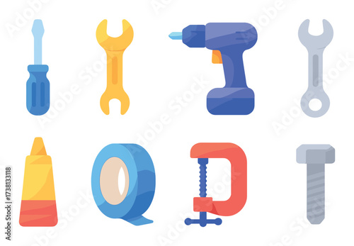 Colorful glowing tools collection featuring drill and screwdriver with neon effect