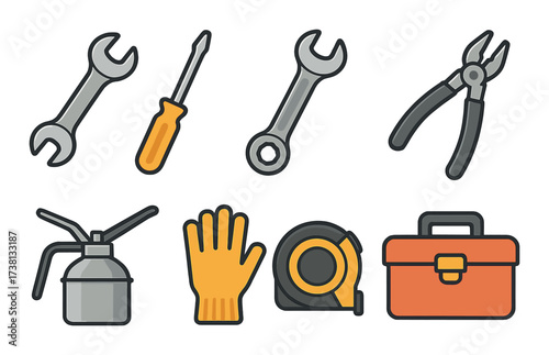 Collection of hand tools including wrench, screwdriver, and toolbox