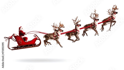 Santa in red sleigh flying with four reindeer through sky, classic Christmas delivery scene.