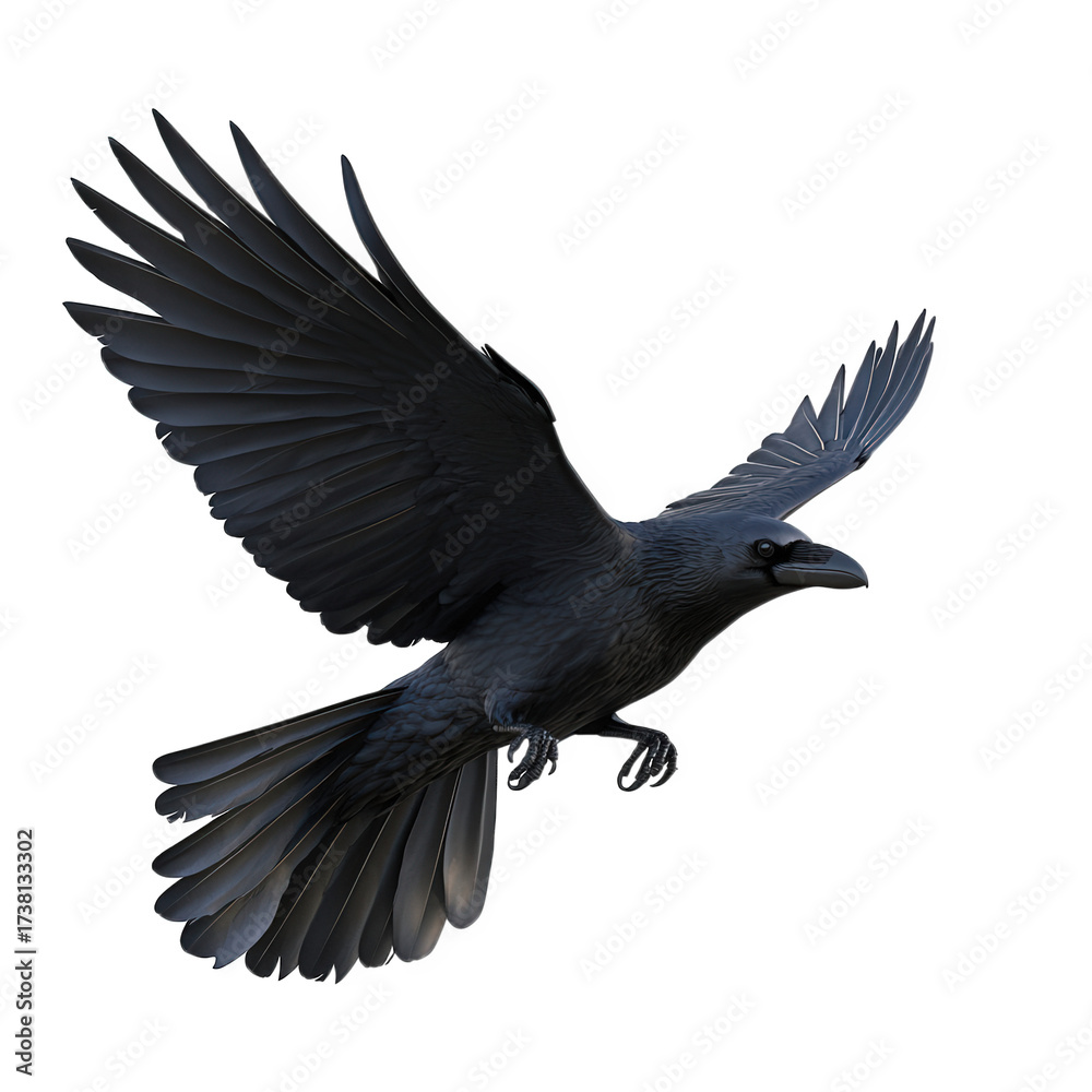 Obraz premium A striking black crow takes flight, its wings spread wide against the transparent background, capturing its majestic presence and untamed spirit isolated on transparent background