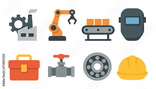 Industrial manufacturing icons with factory, robot arm, conveyor, welder helmet, toolbox, valve, bearing, hard hat
