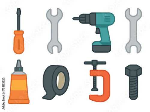 Colorful array of tools: screwdriver, wrench, drill, tape, glue, clamp, bolt icons