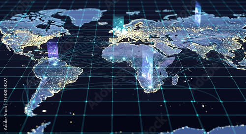 Global network connecting cities worldwide with glowing lights and digital data streams, showcasing international communication and a connected world.