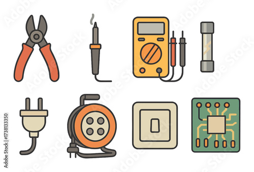Electrical tools and equipment icons on textured background