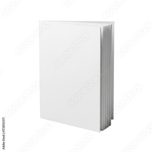 A white book with blank pages stands upright, showcasing its open spine.