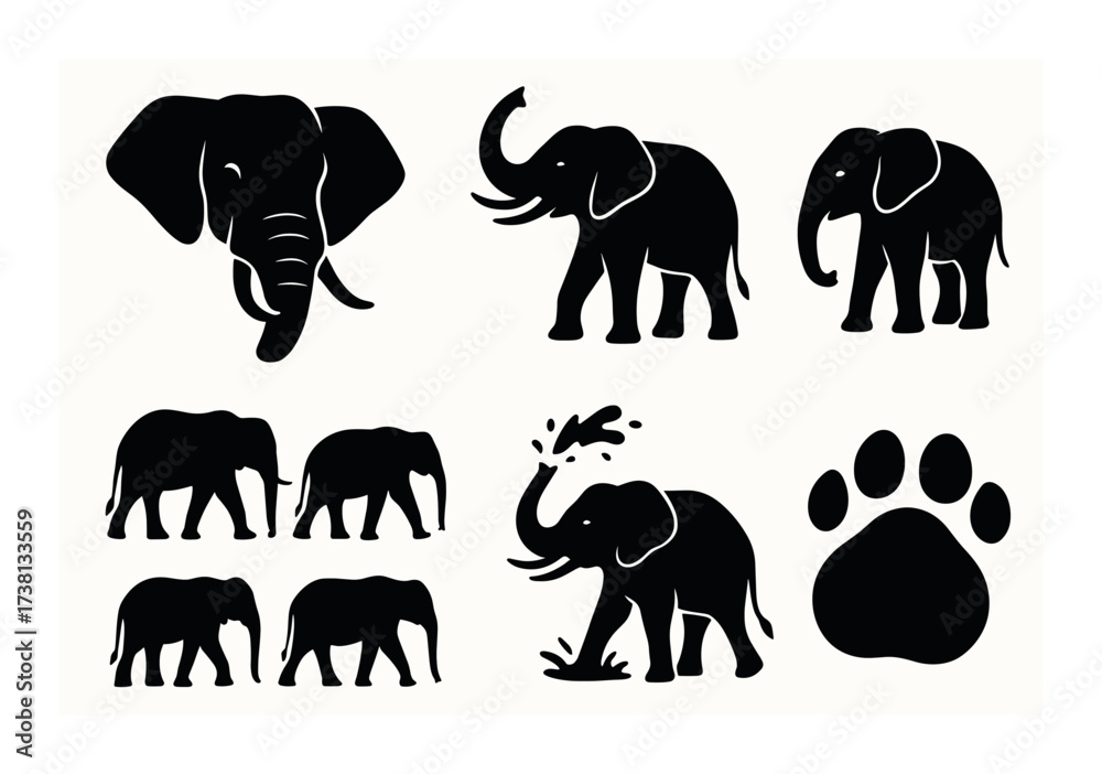 Obraz premium Silhouette set of elephant illustrations featuring various poses and footprint