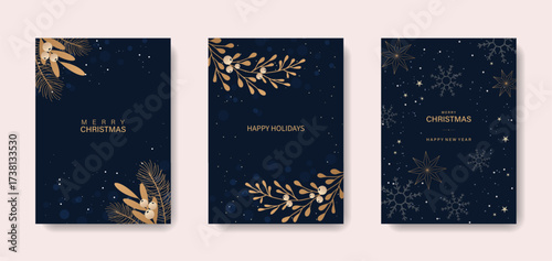 Merry Christmas and Happy New Year. Luxury greeting cards or invitations with a golden Christmas tree on a blue background.