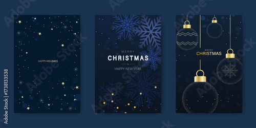 Merry Christmas and Happy New Year greeting card with a golden glittering Christmas tree ball, snowflakes, and stars. Vector illustration.