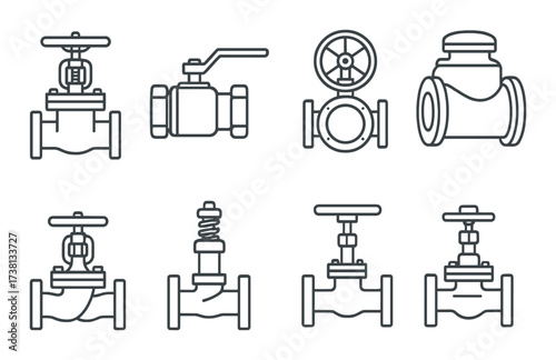 Industrial valves illustration with various types of valve designs on metal background