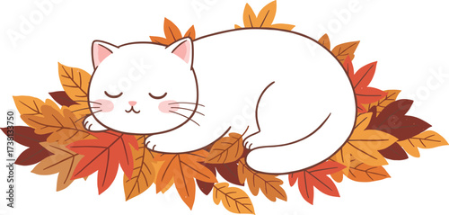 Adorable white cat sleeping peacefully on colorful autumn leaves, cozy seasonal illustration, cute cartoon animal artwork for fall background design