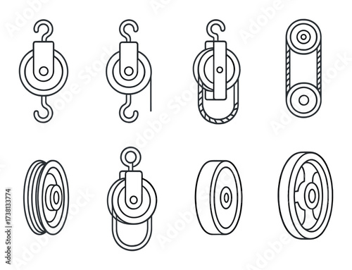 Various pulley systems and wheels with multiple designs on metallic background
