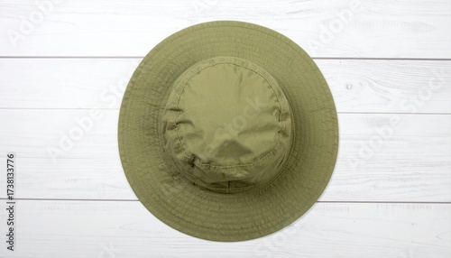 Green Hiking Sun Hat on White Wood Background.