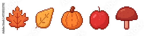 Pixel art autumn icons set, maple leaf, pumpkin, apple, mushroom, yellow leaf, retro 8 bit old game style, fall collection for harvest, Thanksgiving, Halloween, seasonal design, cozy decorations