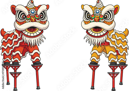 Colorful traditional Chinese lion dance performance illustration with red and yellow costume, festival celebration, cultural heritage, New Year parade art