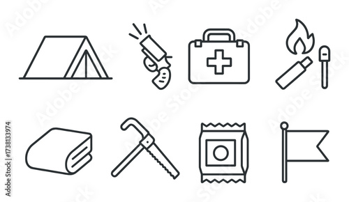 Camping essentials icon set: tent, supplies, first aid, fire, tools, flag