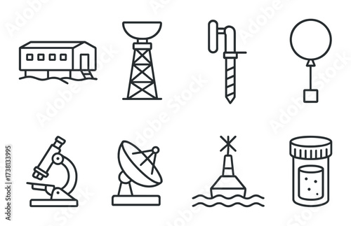 Scientific instruments icons: satellite, microscope, weather balloon, antenna