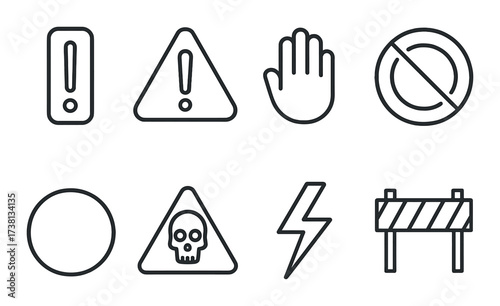 Black and gray warning icons collection with exclamation, hand, and no entry signs
