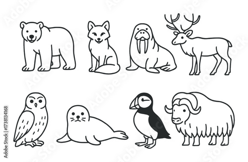 Outline drawings of arctic and subarctic animals including bear, fox, walrus, deer, owl, seal, puffin, muskox