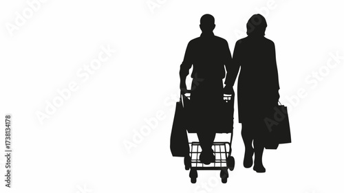 Stylish couple silhouettes strolling with shopping cart after delightful retail therapy, capturing the joy of shared experiences and consumerism lifestyle