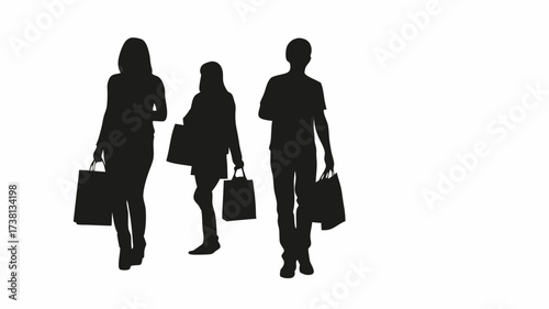 People enjoying retail therapy together, carrying shopping bags after a day of buying gifts and treats, silhouette style, modern minimalist design