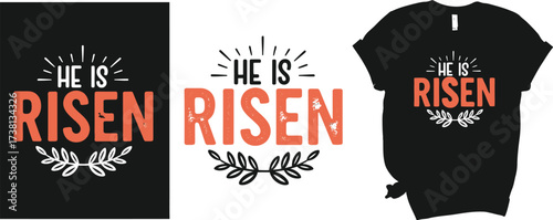 Joyful Easter message "He is Risen" with laurel branches and sunburst graphic