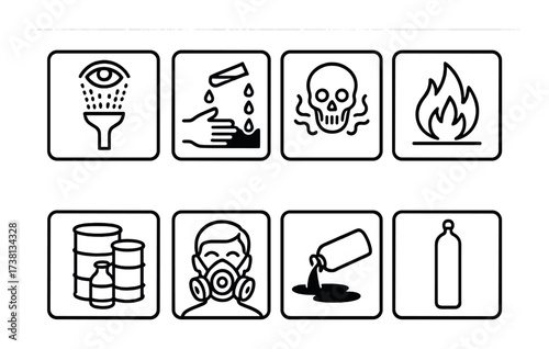 Safety warning icons: eye, hand, skull, fire, barrels, gas mask, spillage, bottle