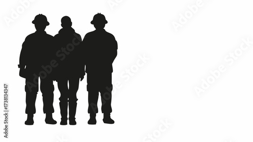 Powerful silhouette graphic of three figures in uniform, conveying strength and unity, ideal for military, law enforcement, and teamwork themes