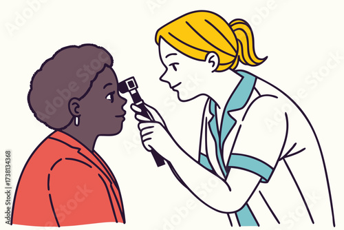 A doctor with blonde hair examines a patient's eye using an ophthalmoscope during a medical checkup