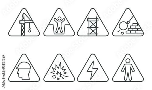 Construction safety icons: warning signs for workplace hazards and precautions