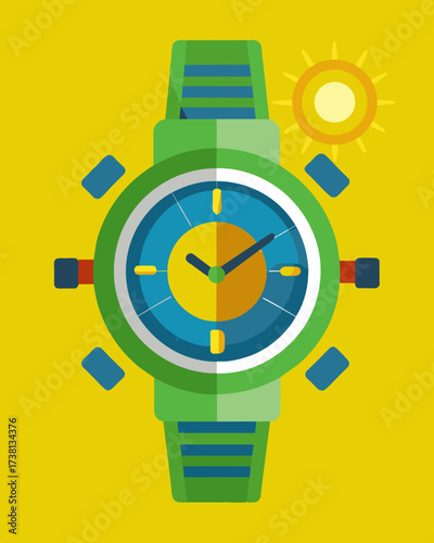 An ecofriendly solarpowered watch that runs on both sunlight and indoor light sources.. Vector illustration
