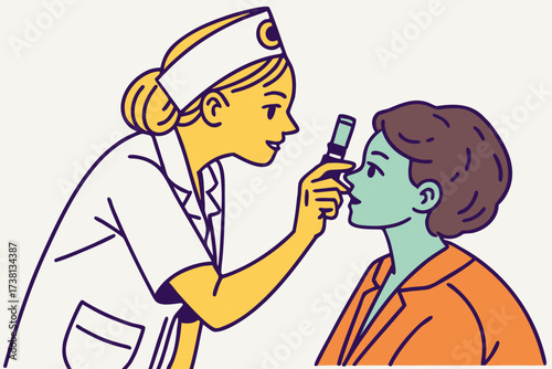 Nurse examining a patient's eye with a penlight during a medical checkup procedure in a clinic setting