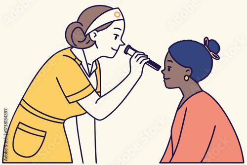 Nurse examining patient with ophthalmoscope during a medical checkup in a healthcare setting scene