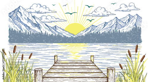 Serene wooden dock leads to a tranquil lake with majestic mountains and a vibrant sunrise.