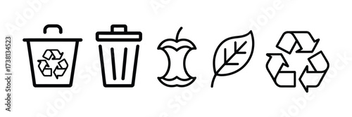 Recycling & Waste Management Icon Set featuring Bin, Apple Core, Leaf & Symbol — Eco Vector Line Art for Web, App, UI Design