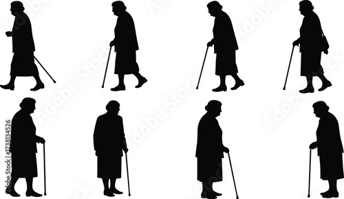 Elderly people silhouettes walking with cane vector set, senior citizens mobility support, aging population graphic design elements for healthcare illustration