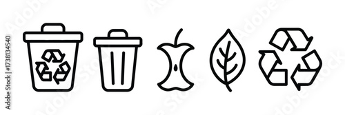 Recycling & Waste Management Icon Set featuring Bin, Apple Core, Leaf & Symbol — Eco Vector Line Art for Web, App, UI Design